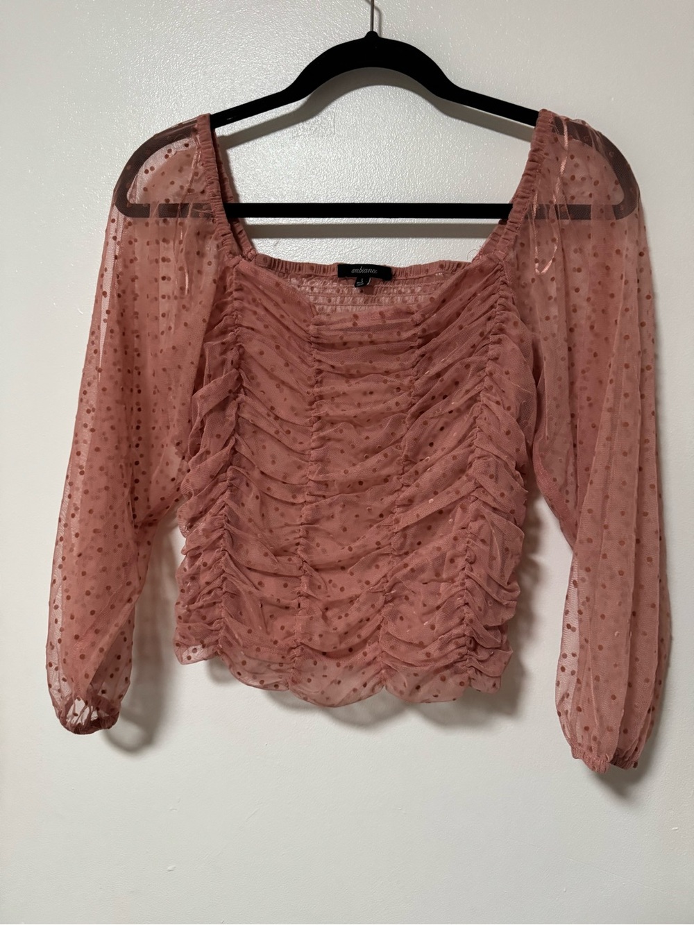Ambiance Dusty Rose Sheer Ruched Polka Dot Blouse